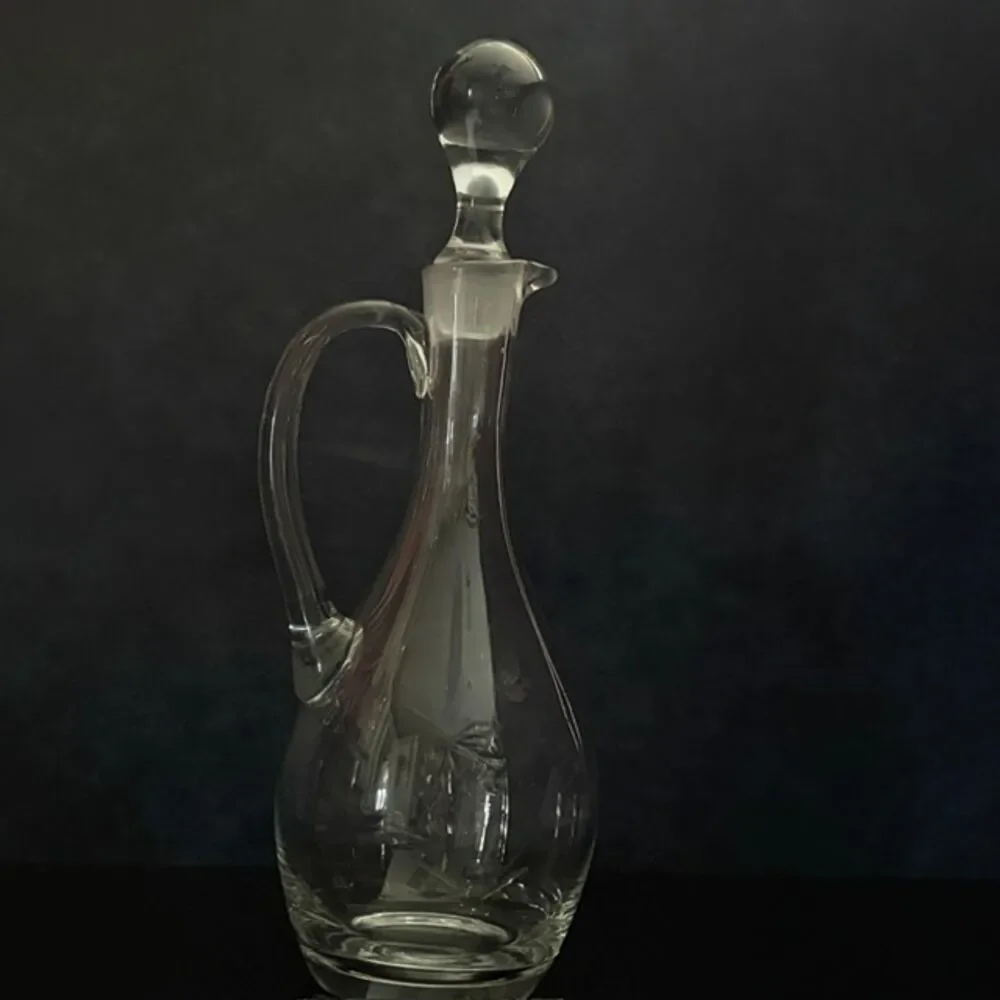 Vintage Etched Floral Glass Decanter Cruet Stopper Handle 12